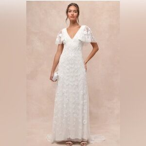 Lulu's Luxe Bridal Safiya White Sequin Flutter Sleeve Maxi Dress